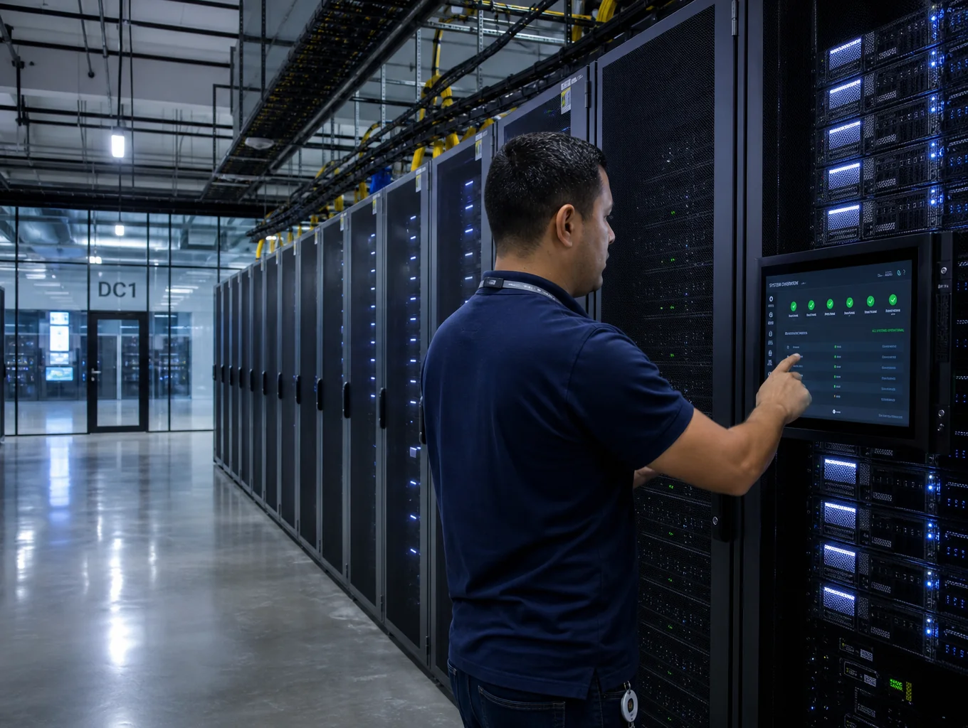 Centro de datos con racks de servidores de alto rendimiento monitorizados