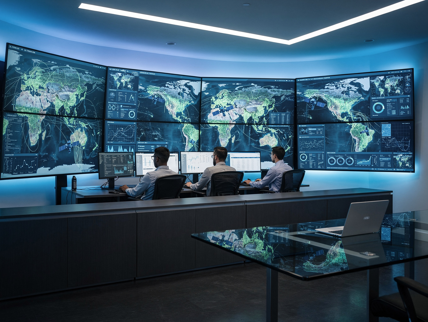 Centro de operaciones de red (NOC) con pantallas de monitorización de infraestructura en tiempo real