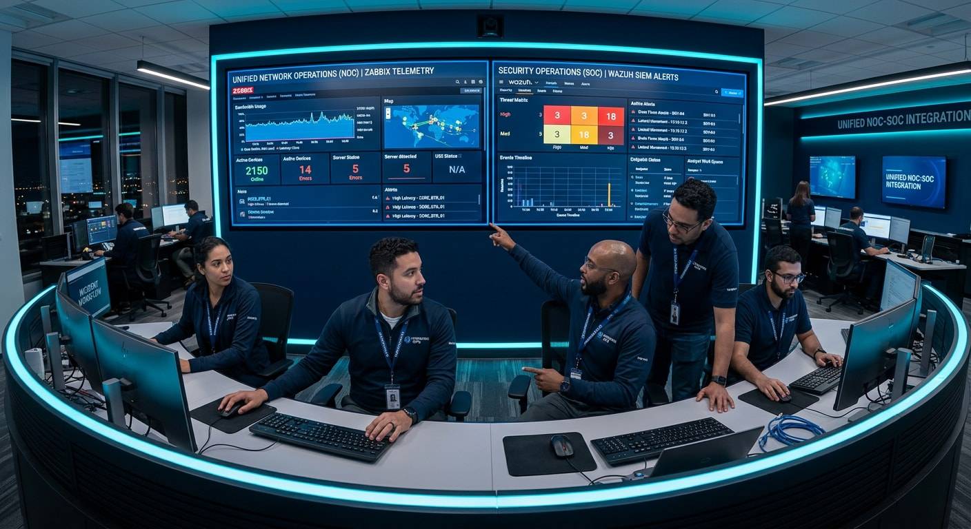 Centro de control técnico integrado con pantallas de monitorización de rendimiento NOC y detección de ciberamenazas SOC