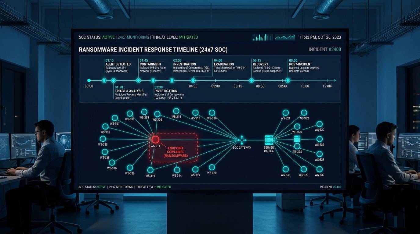 Línea temporal de contención activa y aislamiento de endpoints ante ataque de ransomware con SOC 24x7