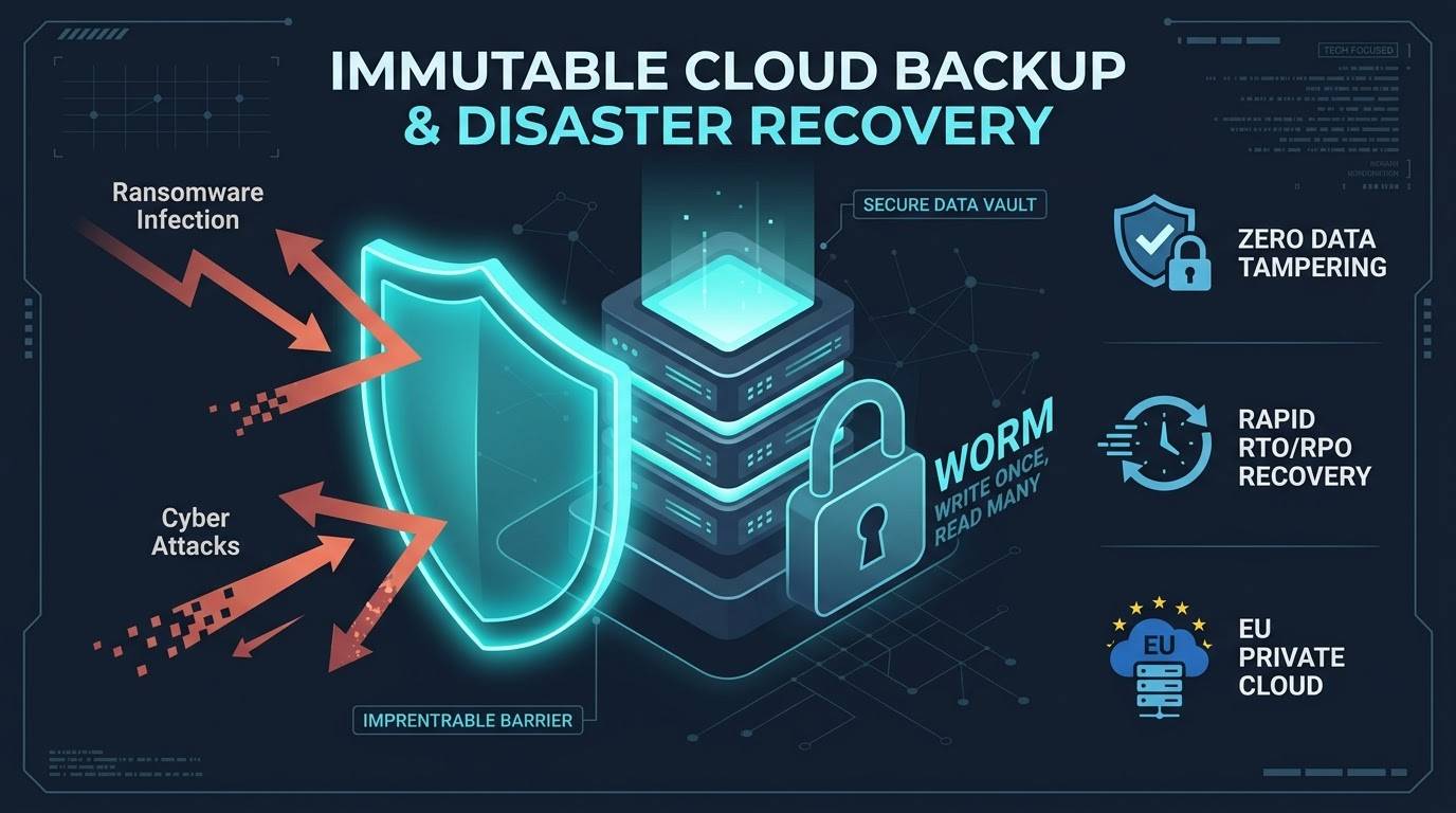 Infografía de protección de copias inmutables WORM y Disaster Recovery en Cloud Privado