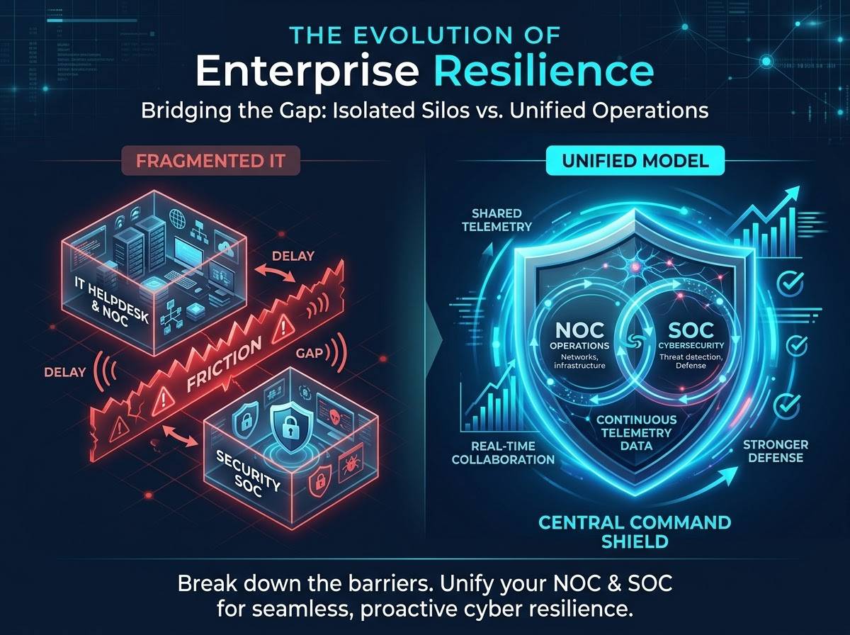Comparativa entre modelo IT fragmentado en silos y modelo unificado NOC y SOC