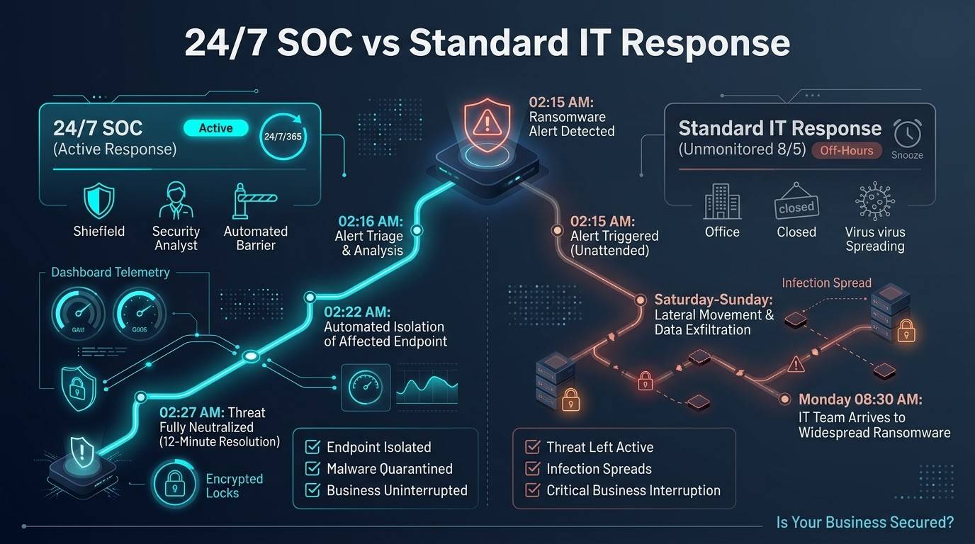 Diagrama de respuesta y contención de incidentes fuera de horario SOC 24/7